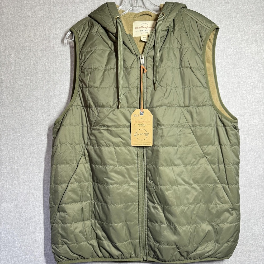 Weatherproof Vintage Vest Mens Large Green Quilted Hooded Full Zip Fleece Lined